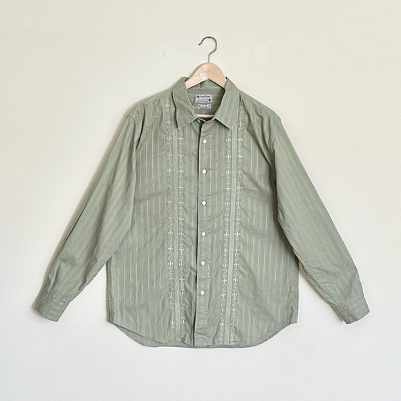 Vintage Y2K Lucky Brand Embroidered Striped Sage Green Button Down Shirt Men’s L - Picture 1 of 13
